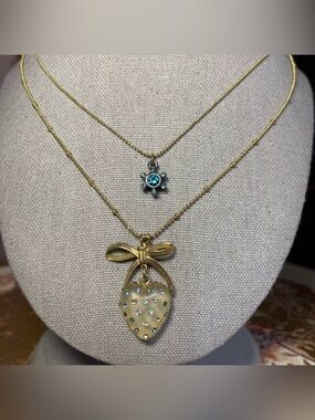 Signed Betsey Johnson Blue Crystal Puffy Heart Gold Tone Necklace